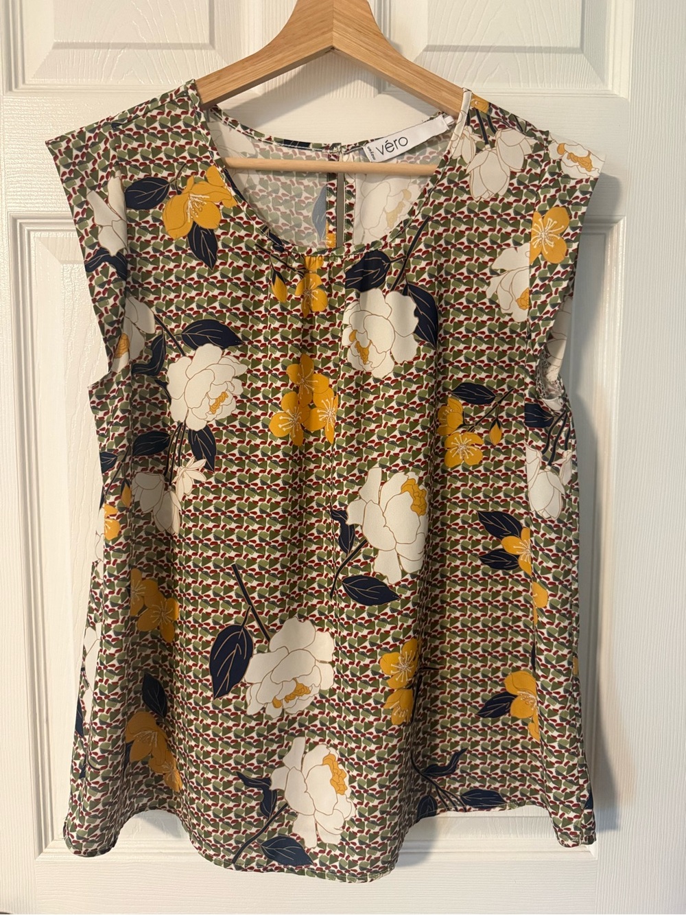 Vero Moda Green Floral Sleeveless Shell Top with Mustard Accents